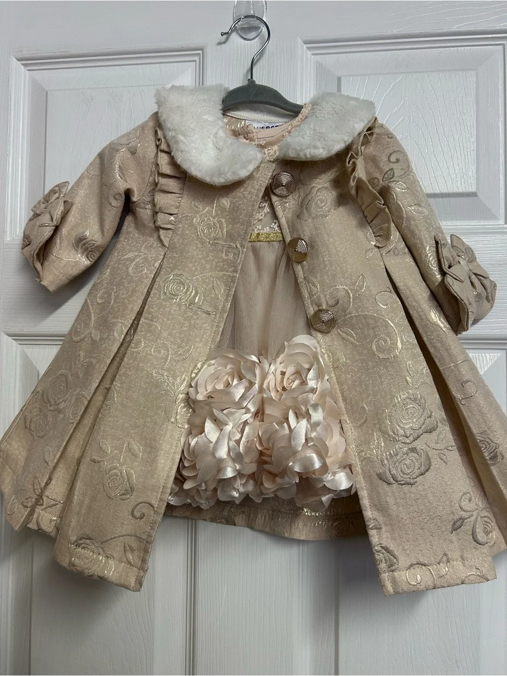 Blueberi Boulevard Champagne Dress With Roses and Coat With Roses Print